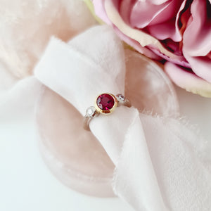 Raspberry pink rhodolite garnet and diamond ring