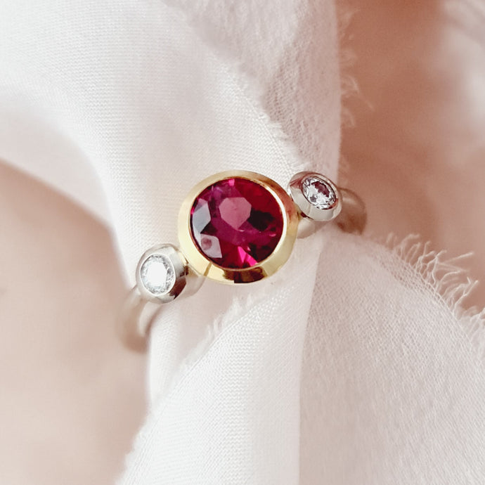 Raspberry pink rhodolite garnet and diamond ring